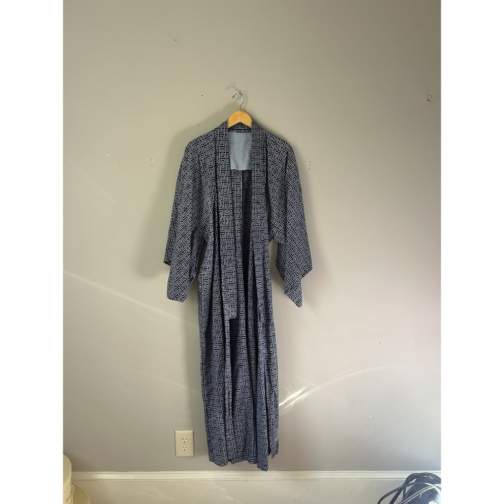 Vintage 60's Robe‎ Blue White Size Large Kimono Style Made Japan